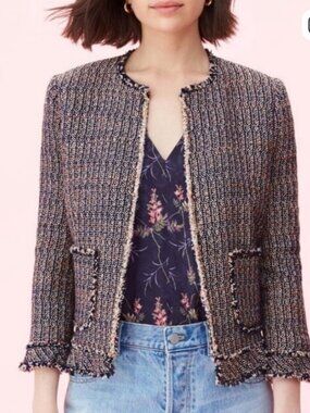 NWOT Rebecca Taylor Bush Tweed Fringe Ruffle Jacket. Size 8